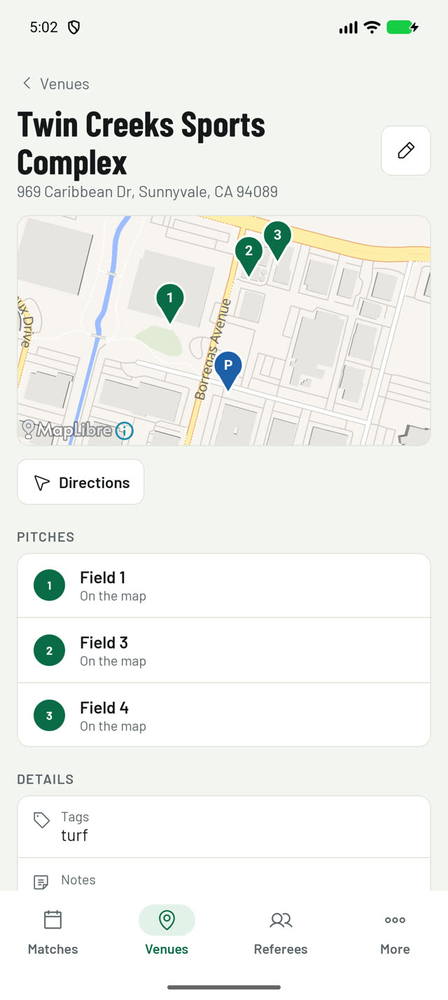 A venue: its pitches on a map, with directions
